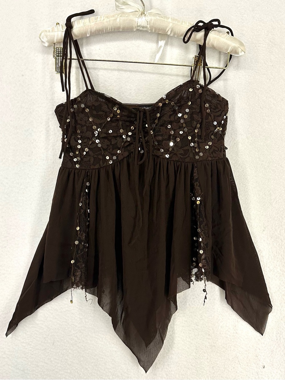 Sharagano Y2K Brown Sequin Lace Handkerchief Fairy Babydoll Cami Top Size 2‎